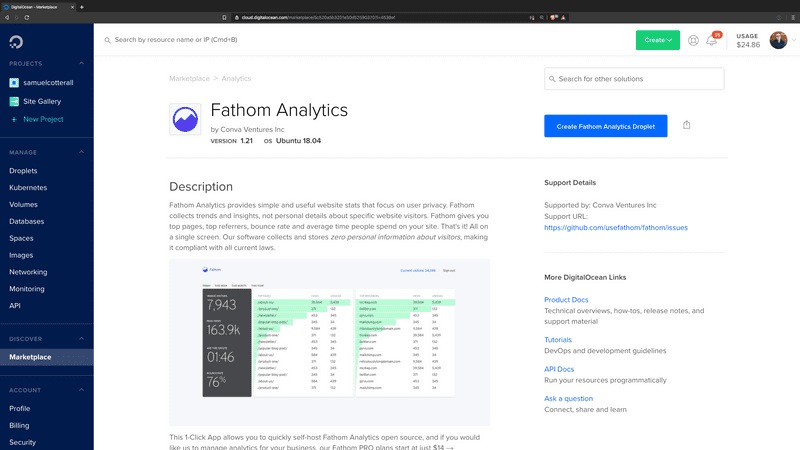 Fathom, Digital Ocean dashboard